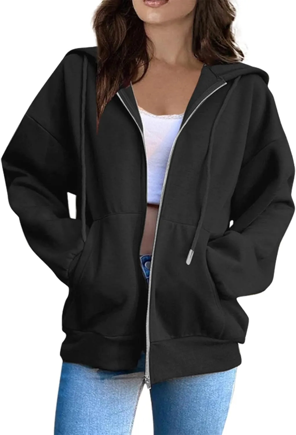 Oversized Hoodies for Women Cute Solid Color Drawstring Fashion Hoodies Loose Fit Zip Up Sweatshirt with Pocket