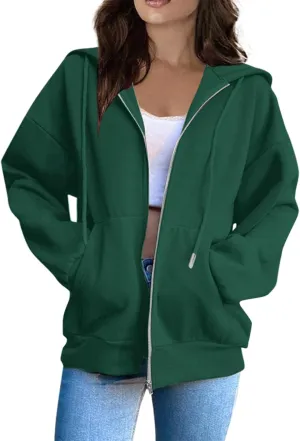 Oversized Hoodies for Women Cute Solid Color Drawstring Fashion Hoodies Loose Fit Zip Up Sweatshirt with Pocket
