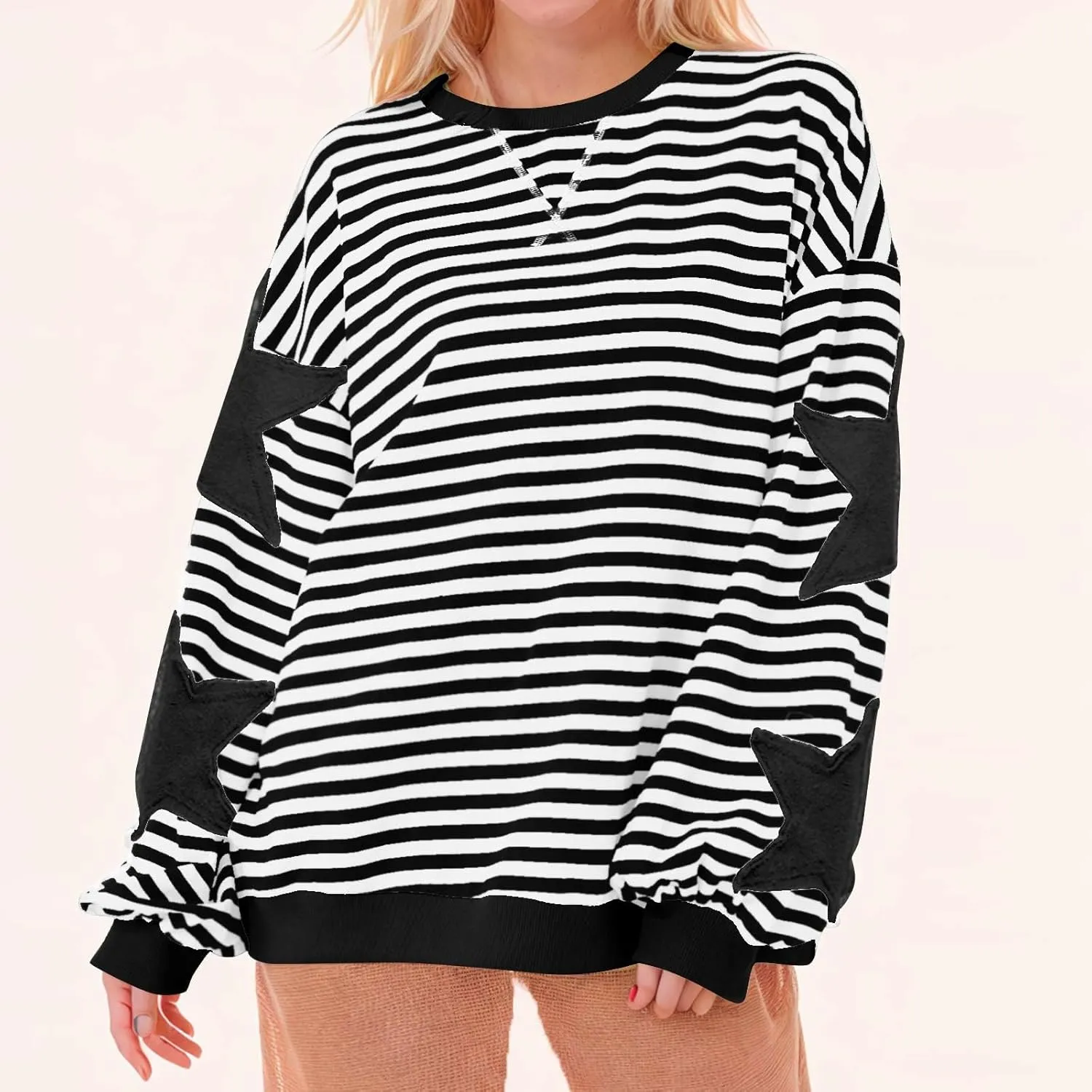 Oversized Sweatshirt for Women 2024 Fall Crewneck Star Striped Top Long Sleeve Preppy Y2K Hoodies Lightweight