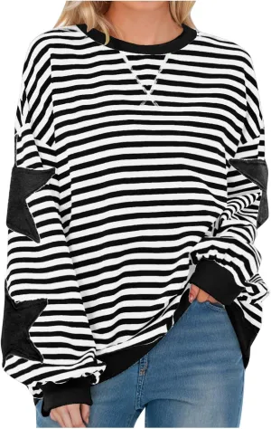 Oversized Sweatshirt for Women 2024 Fall Crewneck Star Striped Top Long Sleeve Preppy Y2K Hoodies Lightweight