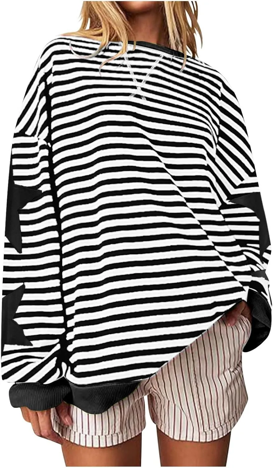 Oversized Sweatshirt for Women 2024 Fall Crewneck Star Striped Top Long Sleeve Preppy Y2K Hoodies Lightweight