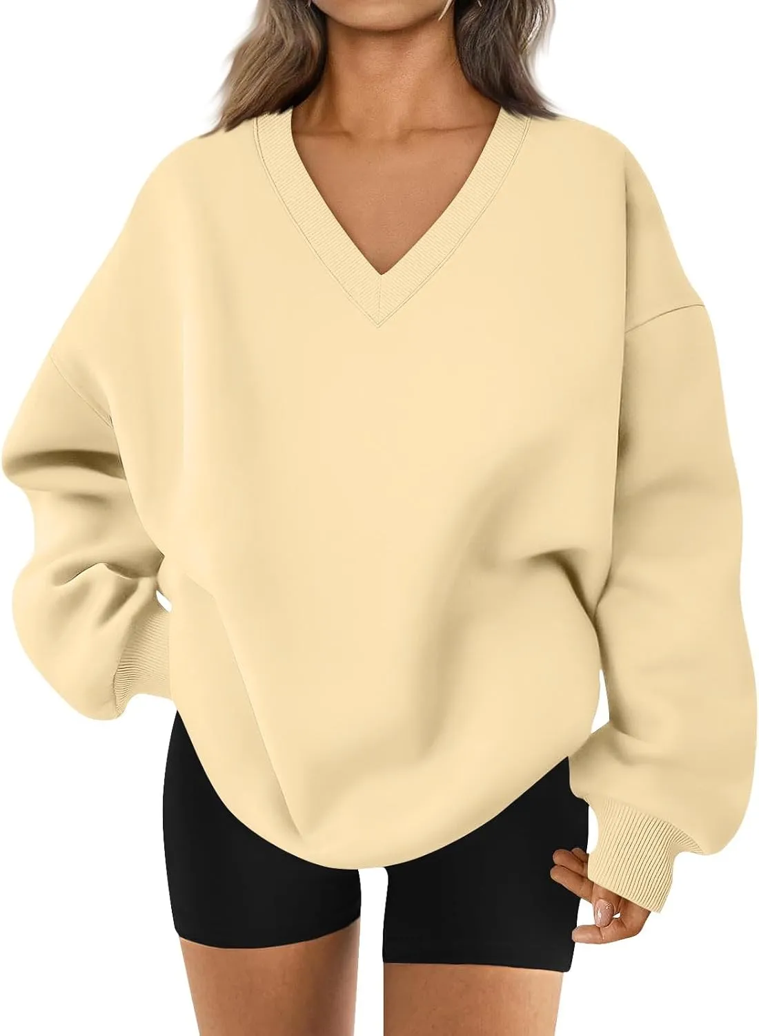 Oversized V Neck Sweatshirt Women Casual Fleece Pullover Sweaters Preppy Cute Teen Long Sleeve Sweat Shirts Y2k Tops