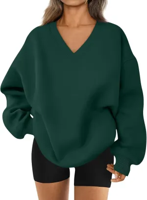 Oversized V Neck Sweatshirt Women Casual Fleece Pullover Sweaters Preppy Cute Teen Long Sleeve Sweat Shirts Y2k Tops
