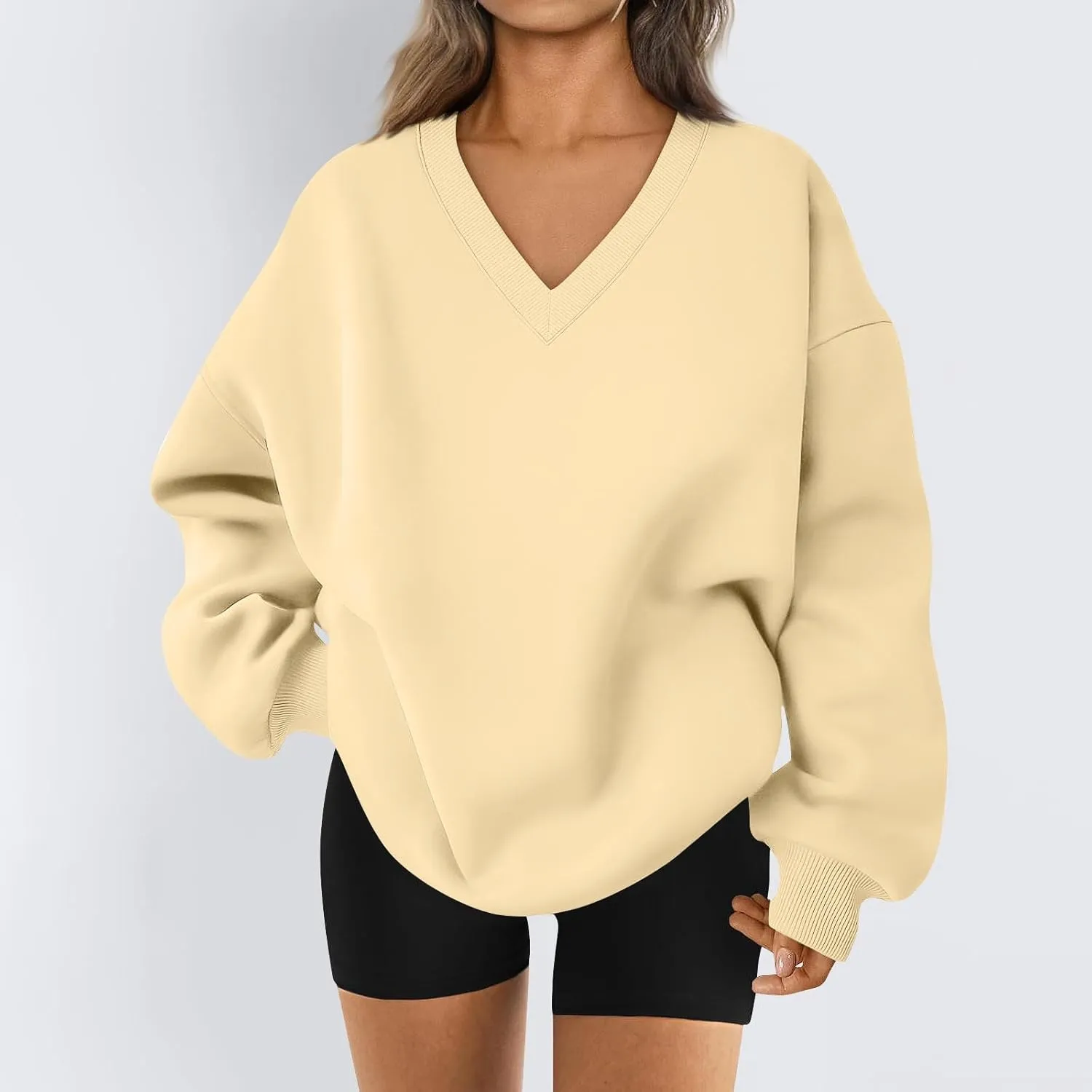 Oversized V Neck Sweatshirt Women Casual Fleece Pullover Sweaters Preppy Cute Teen Long Sleeve Sweat Shirts Y2k Tops