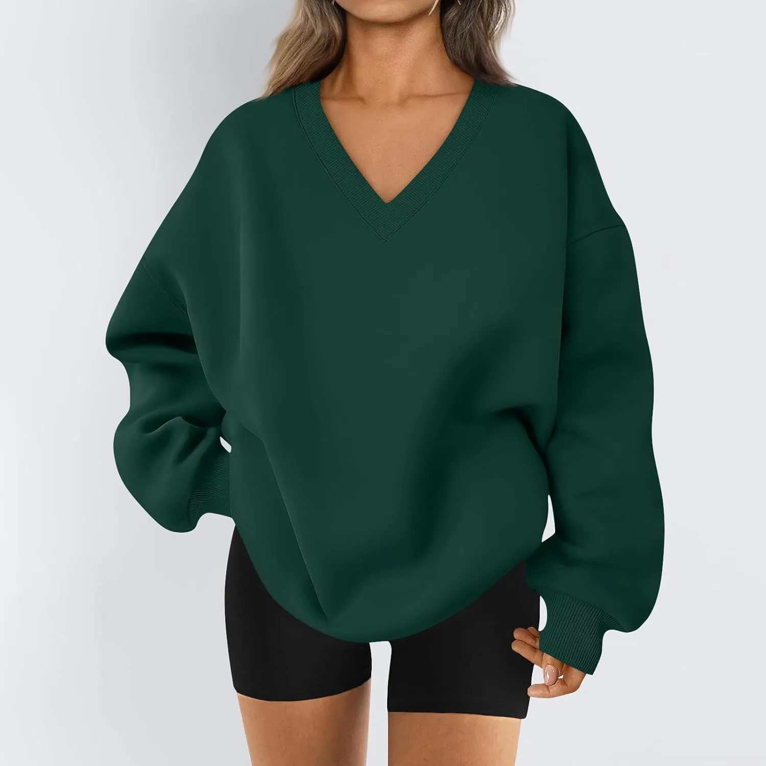 Oversized V Neck Sweatshirt Women Casual Fleece Pullover Sweaters Preppy Cute Teen Long Sleeve Sweat Shirts Y2k Tops