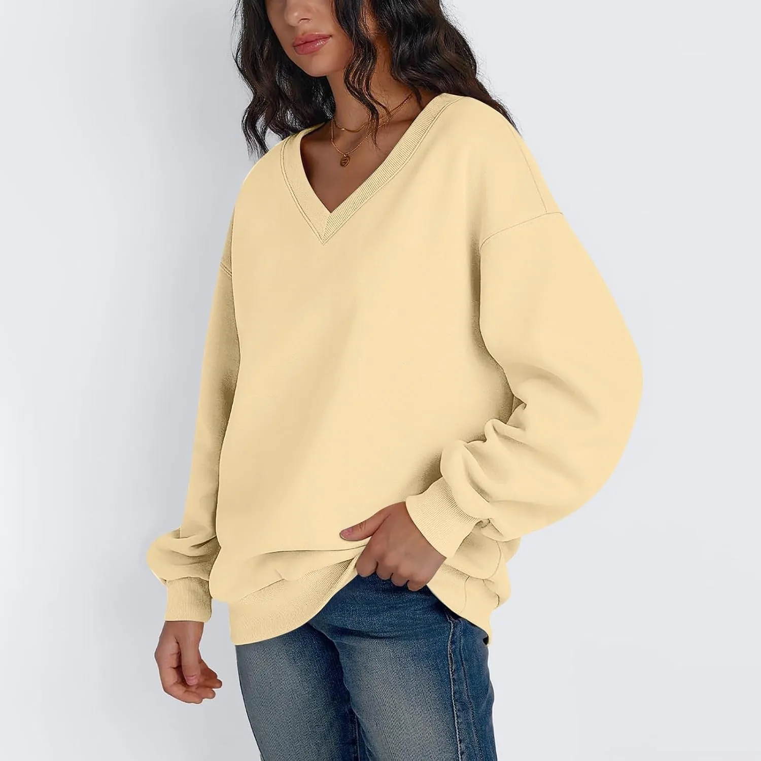 Oversized V Neck Sweatshirt Women Casual Fleece Pullover Sweaters Preppy Cute Teen Long Sleeve Sweat Shirts Y2k Tops