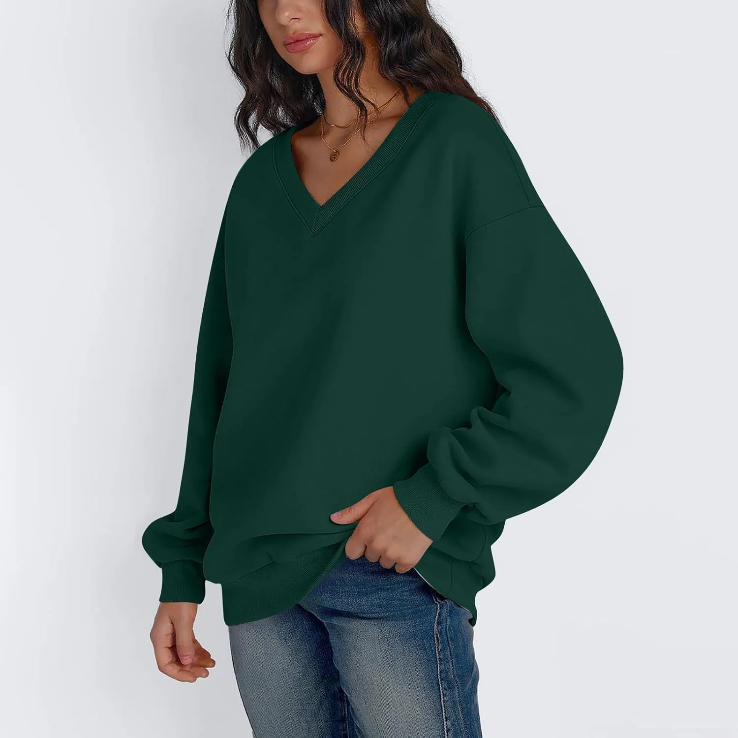 Oversized V Neck Sweatshirt Women Casual Fleece Pullover Sweaters Preppy Cute Teen Long Sleeve Sweat Shirts Y2k Tops