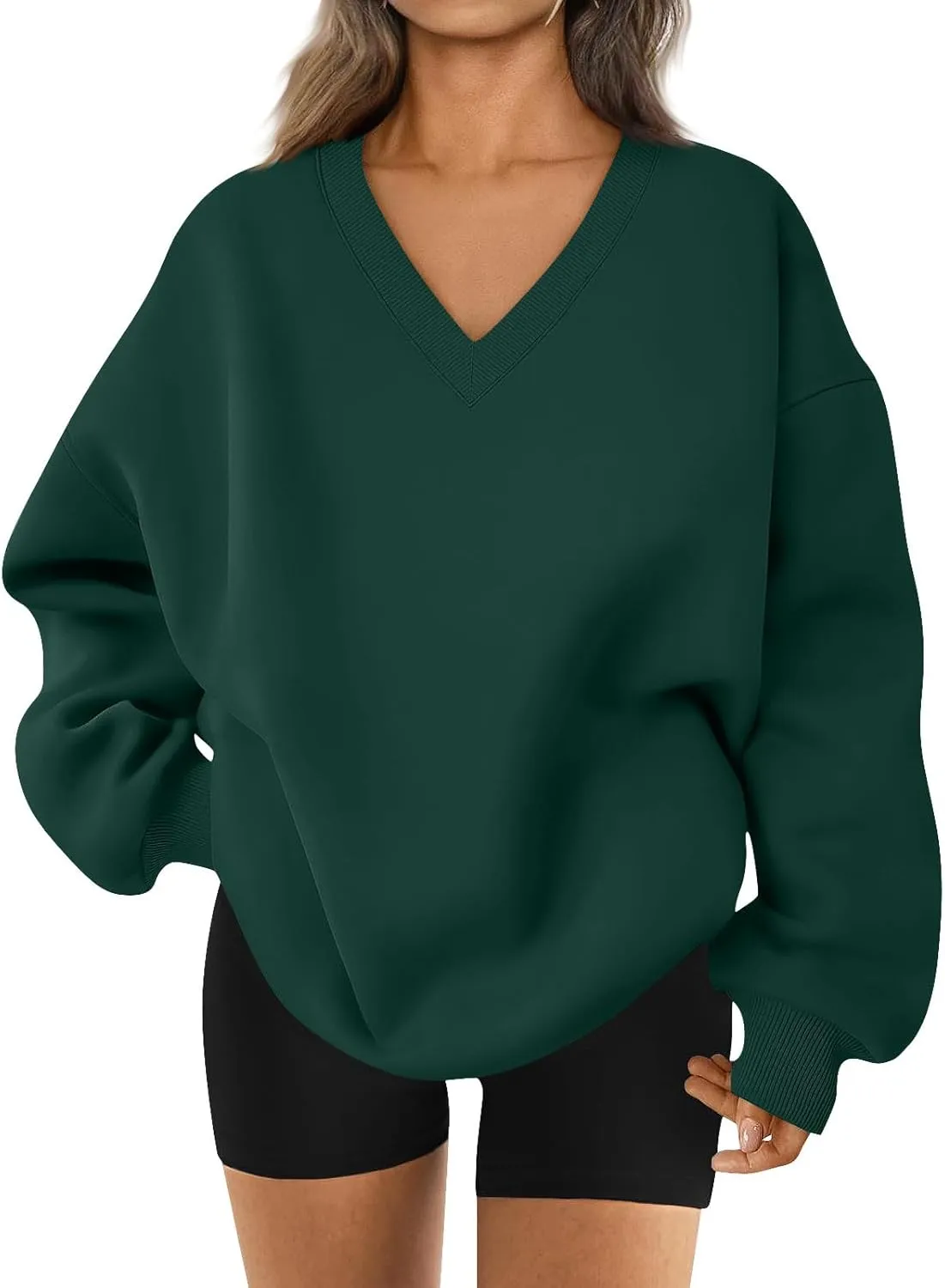 Oversized V Neck Sweatshirt Women Casual Fleece Pullover Sweaters Preppy Cute Teen Long Sleeve Sweat Shirts Y2k Tops