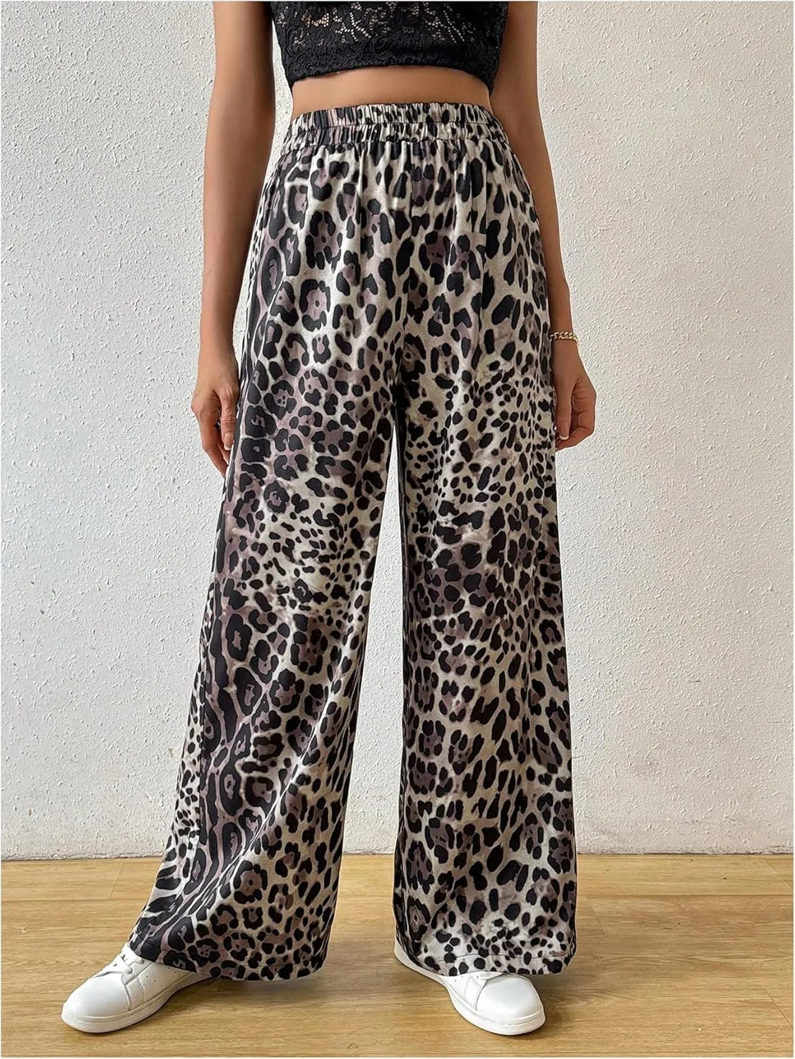 OYOANGLE Women's All Over Print Elastic High Waist Long Pants Wide Leg Loose Casual Trousers with Pockets