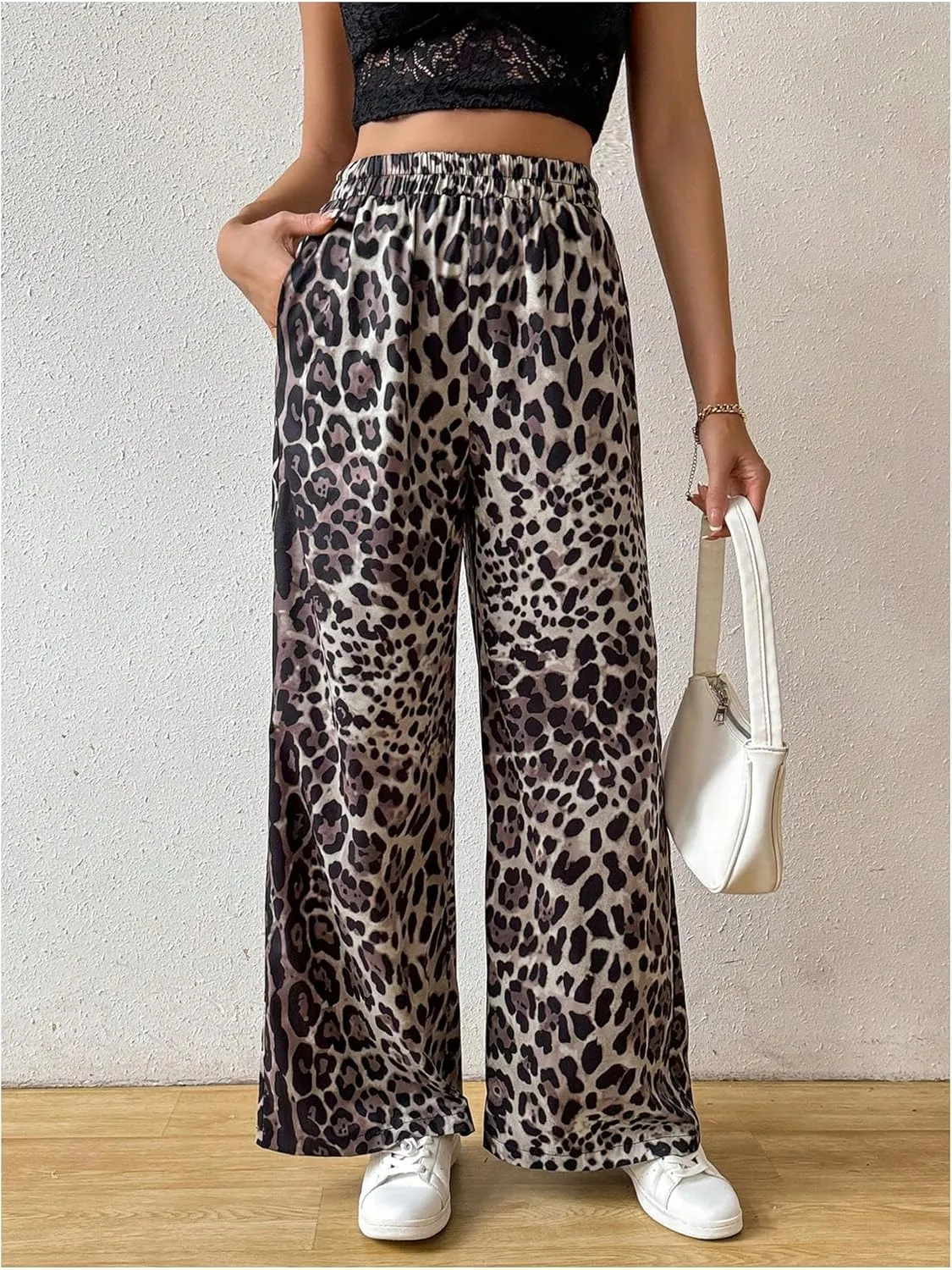 OYOANGLE Women's All Over Print Elastic High Waist Long Pants Wide Leg Loose Casual Trousers with Pockets