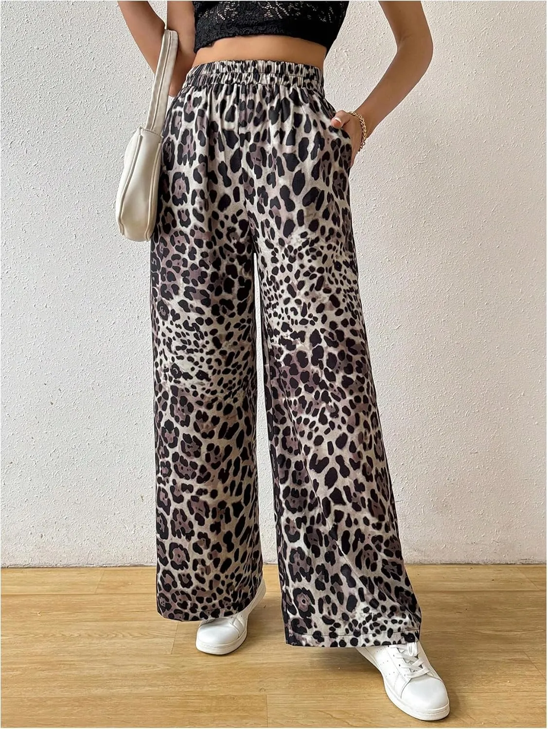 OYOANGLE Women's All Over Print Elastic High Waist Long Pants Wide Leg Loose Casual Trousers with Pockets