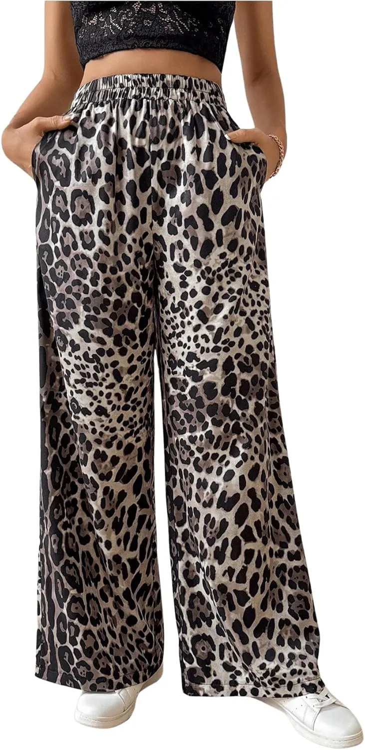 OYOANGLE Women's All Over Print Elastic High Waist Long Pants Wide Leg Loose Casual Trousers with Pockets