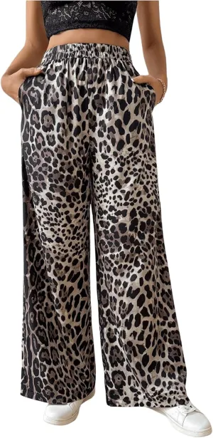 OYOANGLE Women's All Over Print Elastic High Waist Long Pants Wide Leg Loose Casual Trousers with Pockets