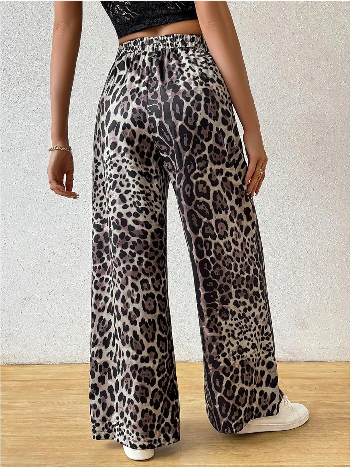 OYOANGLE Women's All Over Print Elastic High Waist Long Pants Wide Leg Loose Casual Trousers with Pockets