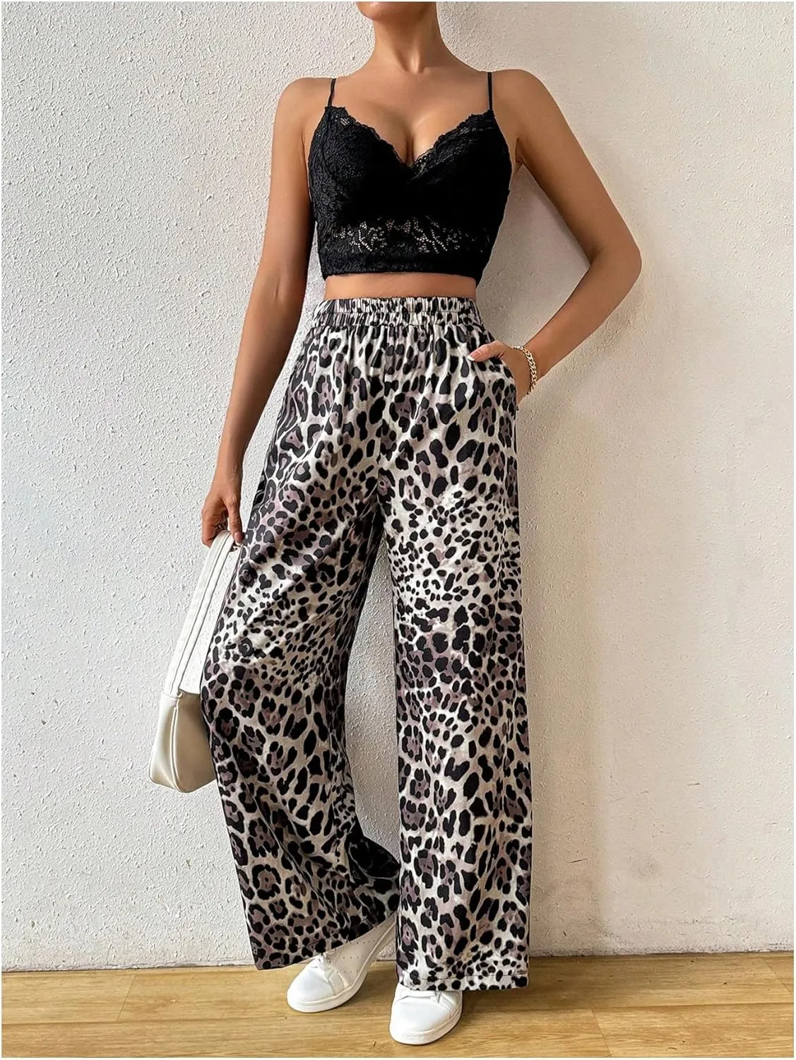 OYOANGLE Women's All Over Print Elastic High Waist Long Pants Wide Leg Loose Casual Trousers with Pockets