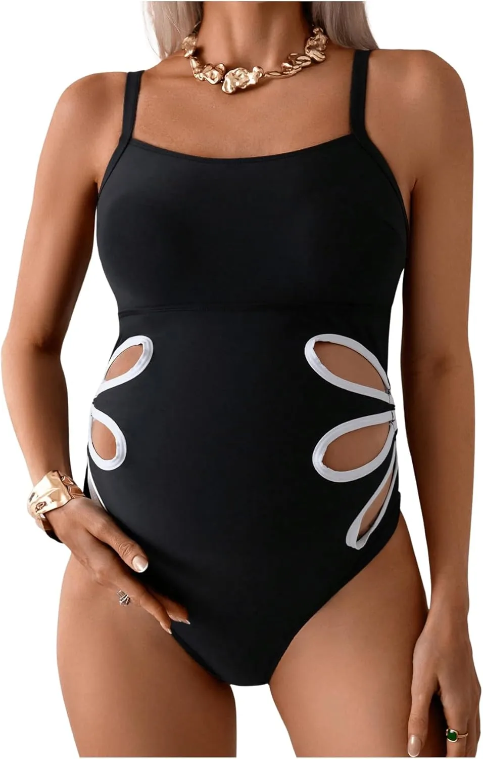 OYOANGLE Women's Maternity One Piece Swimsuits Cut Out Spaghetti Strap Pregnancy Bathing Suits Swimwear
