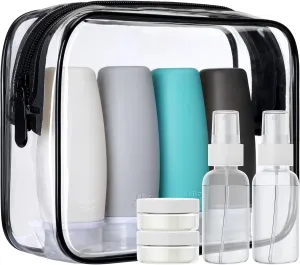 PACKISM TSA Approved Toiletry Bag with Bottles - Travel Essentials 8 Pack Leakproof 3.4oz Silicone Travel Bottles for Toiletries, Shampoo Conditioner Lotion Body Wash BPA Free