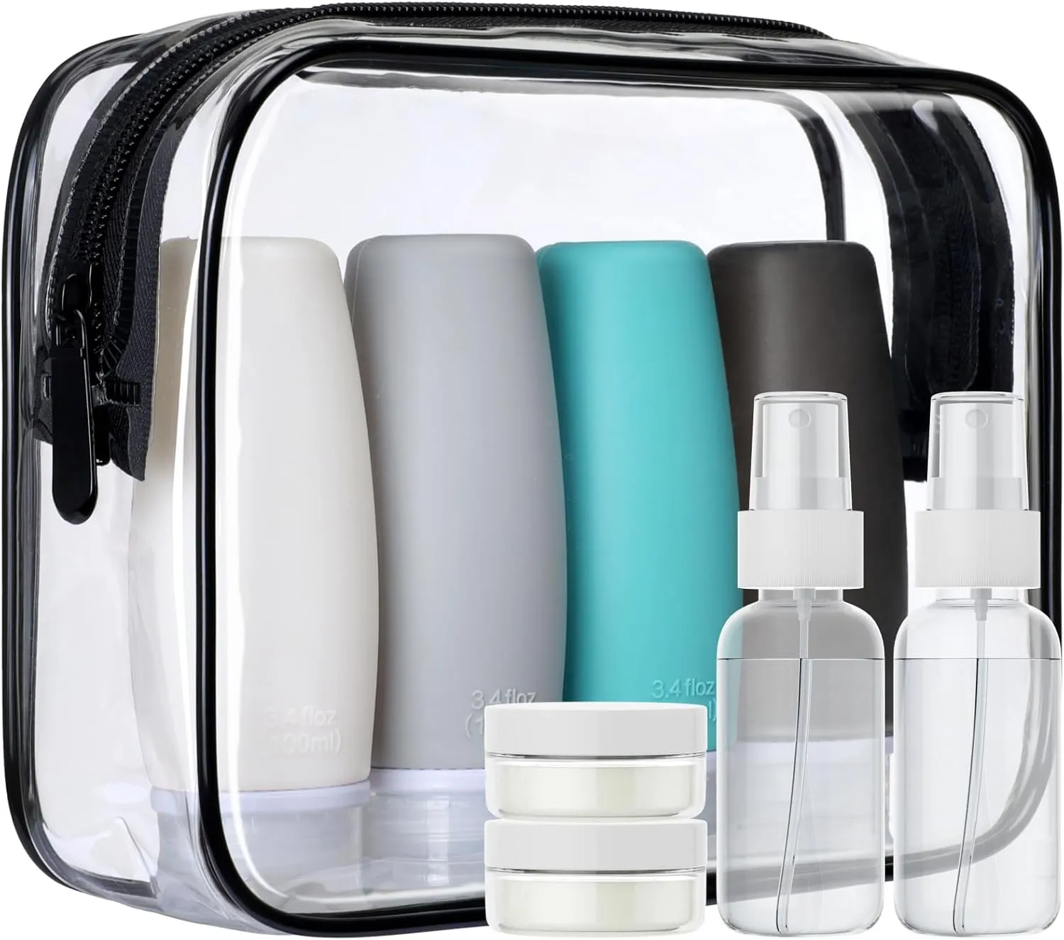 PACKISM TSA Approved Toiletry Bag with Bottles - Travel Essentials 8 Pack Leakproof 3.4oz Silicone Travel Bottles for Toiletries, Shampoo Conditioner Lotion Body Wash BPA Free