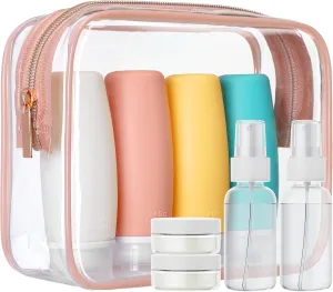PACKISM TSA Approved Toiletry Bag with Bottles - Travel Essentials 8 Pack Leakproof 3.4oz Silicone Travel Bottles for Toiletries, Shampoo Conditioner Lotion Body Wash BPA Free