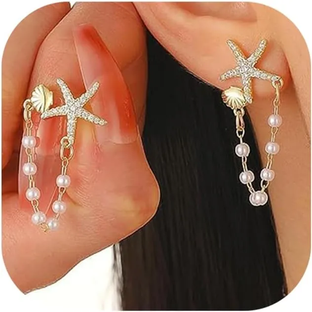 Pearl Chain Earrings for Women Gold/Silver Starfish Shell Earrings Summer Beach Vacation for Women Trendy Jewelry