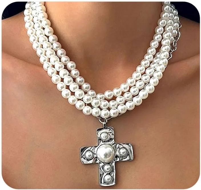 Pearl Cross Necklaces for Women,Chunky Crucifix Pendant Pearl Layered Necklaces Stack Y2k Statement Necklace,Gothic Jewelry Accessories Baptism Gifts
