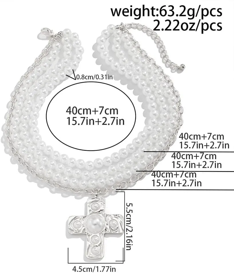Pearl Cross Necklaces for Women,Chunky Crucifix Pendant Pearl Layered Necklaces Stack Y2k Statement Necklace,Gothic Jewelry Accessories Baptism Gifts