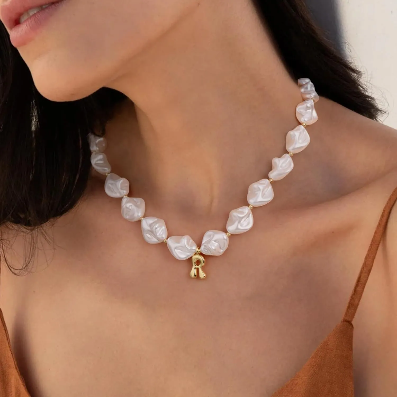 Pearl Initial Necklaces for Women Teens,Baroque Pearl Necklace Boho Bubble Necklace Letter Choker Necklace for Women Birthday Wedding Jewelry Gifts