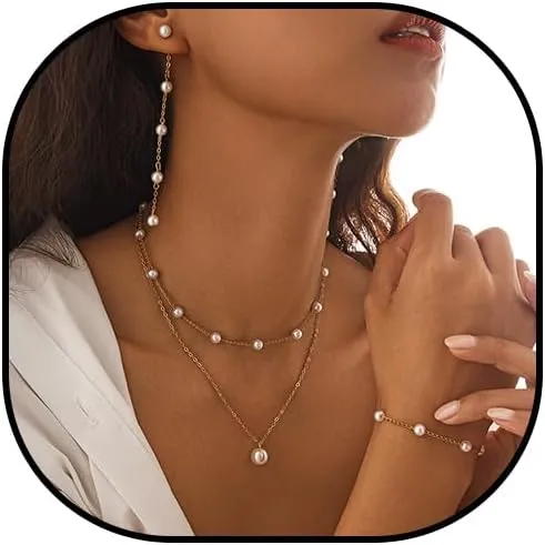 Pearl Necklace and Earring Set Pearl Jewelry Set for Women Beaded Necklace and Bracelet Set for Wedding Birthday Party Gift