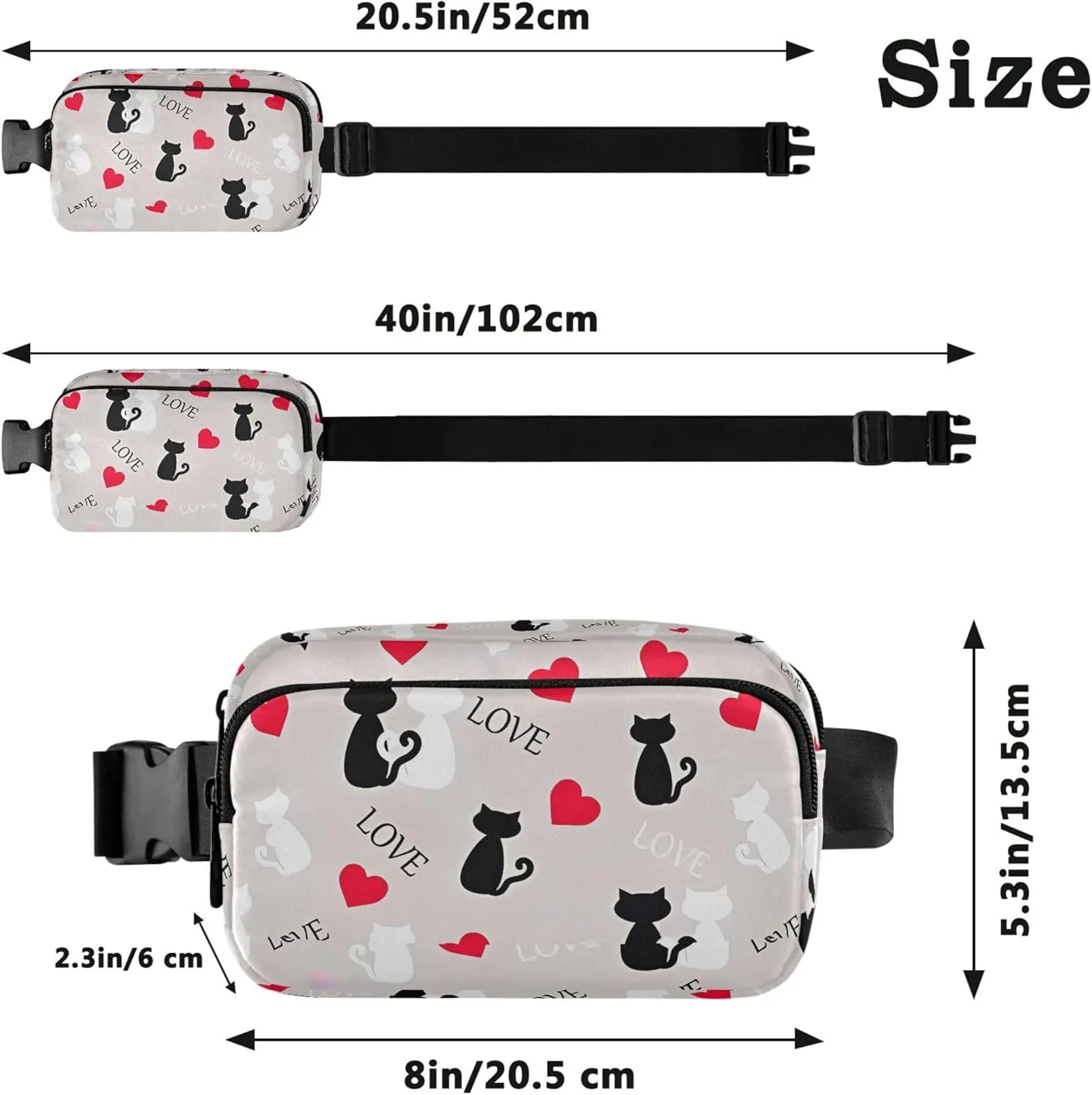 Personalized Cats Love Valentines Grey Women Fanny Packs Pattern Large Hip Belt Bag Waterproof Travel Waist Pack for Men
