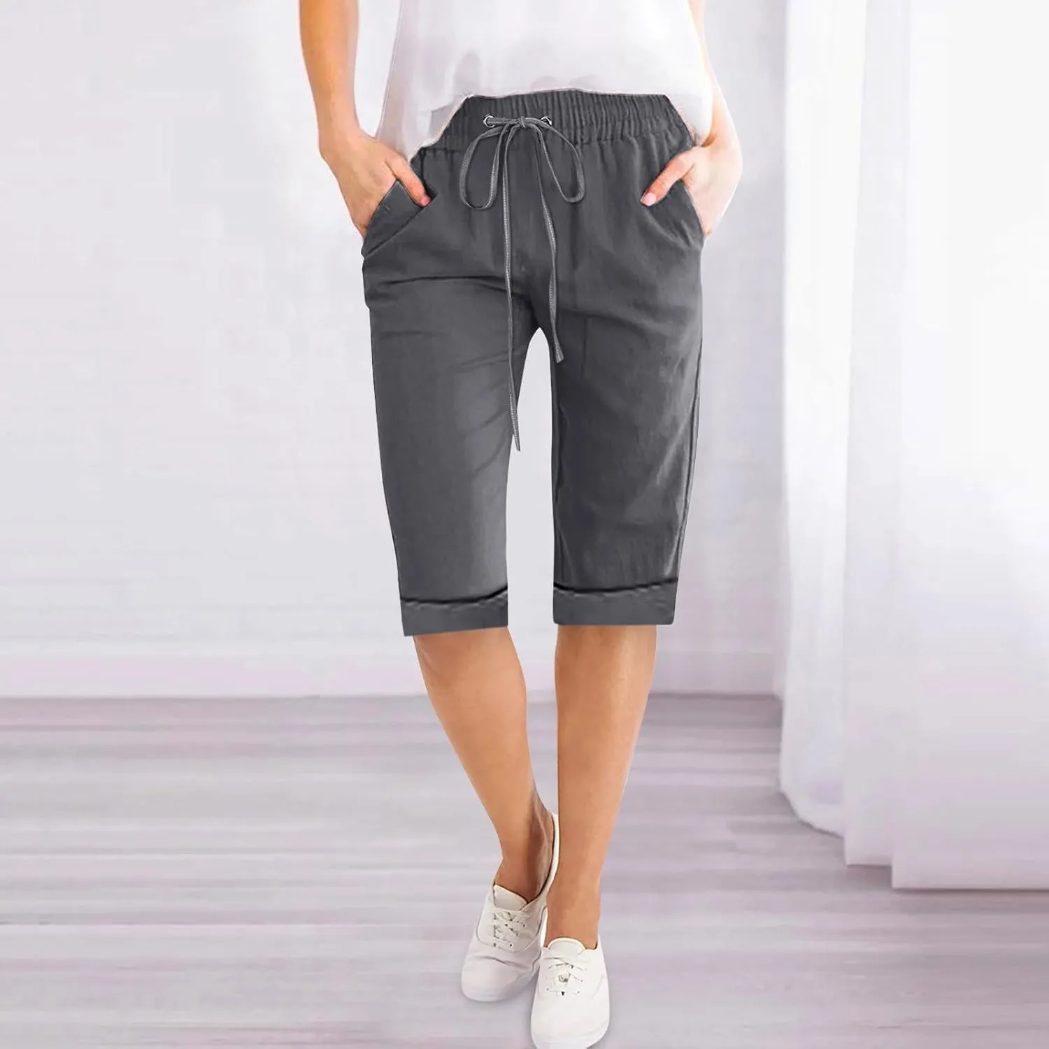 Petite to Bermuda Shorts for Women Knee Length Cotton Linen Shorts Casual Summer Baggy Dressy Shorts with Pockets