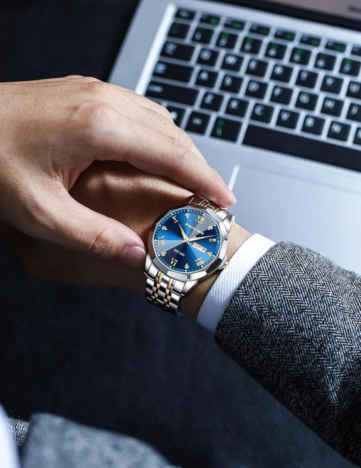 PINDOWS Watches for Men Diamond Date Calendar Quartz Watches Analog Stainless Steel Waterproof Luminous Two Tone Business Watch