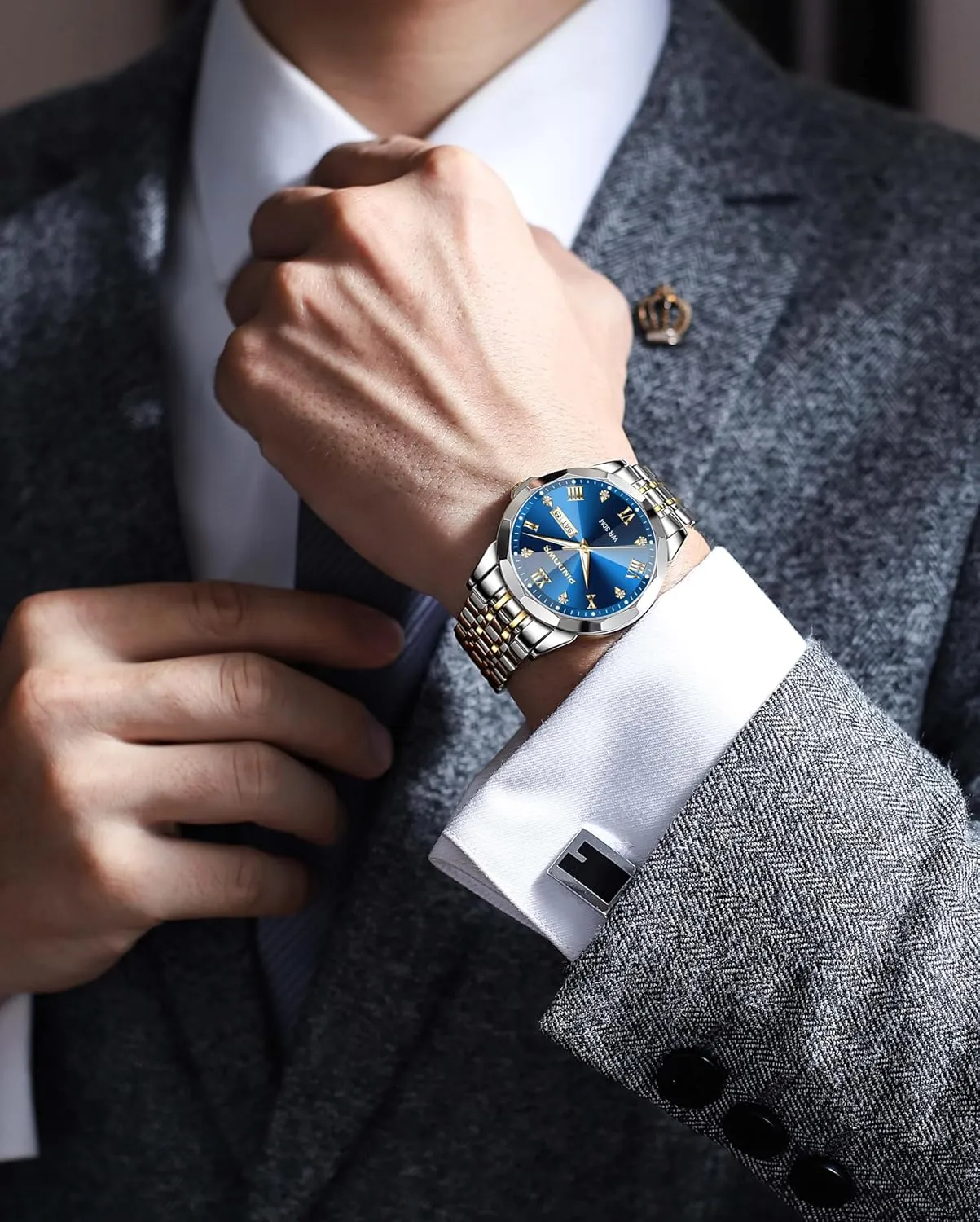 PINDOWS Watches for Men Diamond Date Calendar Quartz Watches Analog Stainless Steel Waterproof Luminous Two Tone Business Watch