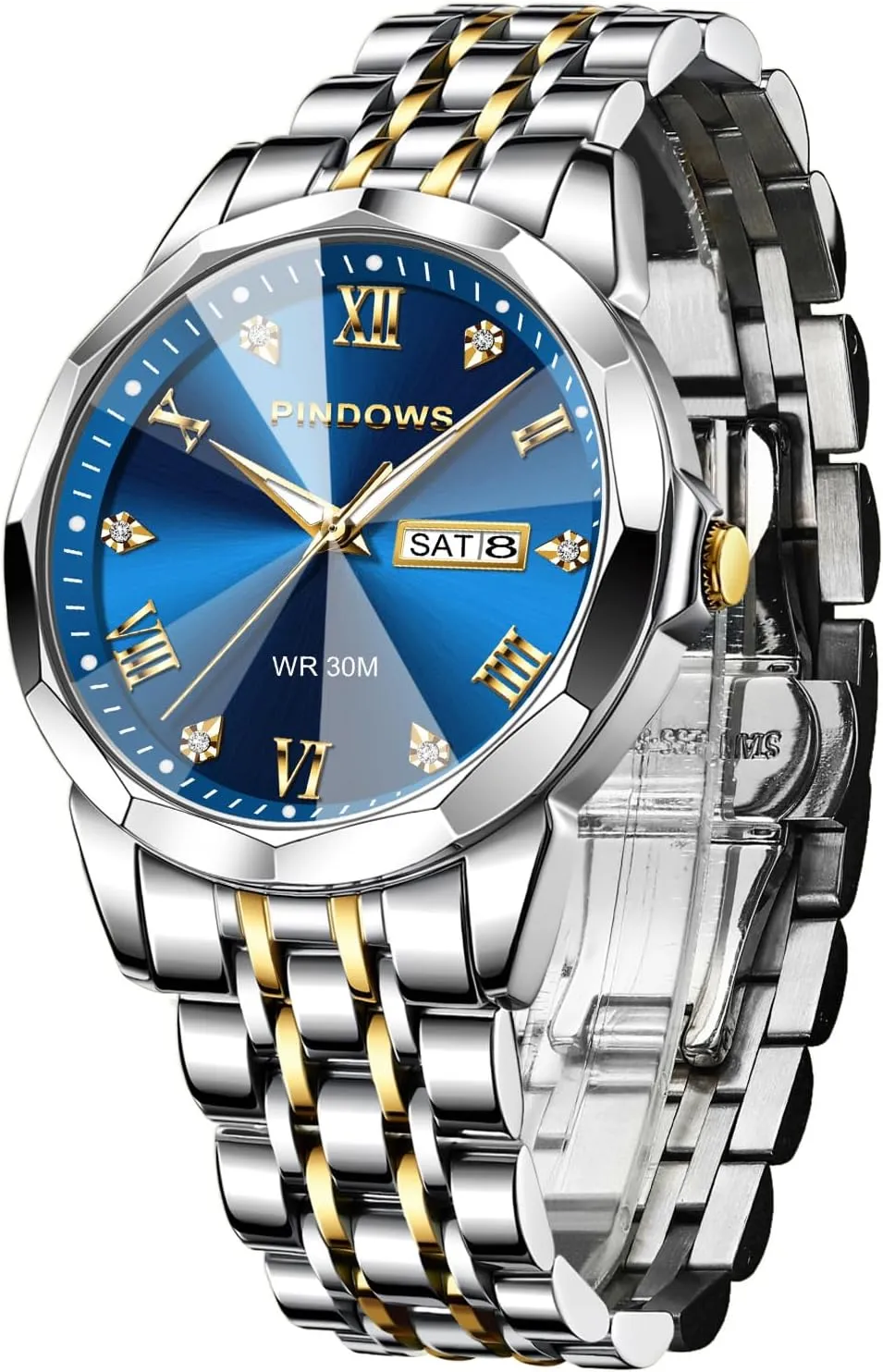PINDOWS Watches for Men Diamond Date Calendar Quartz Watches Analog Stainless Steel Waterproof Luminous Two Tone Business Watch