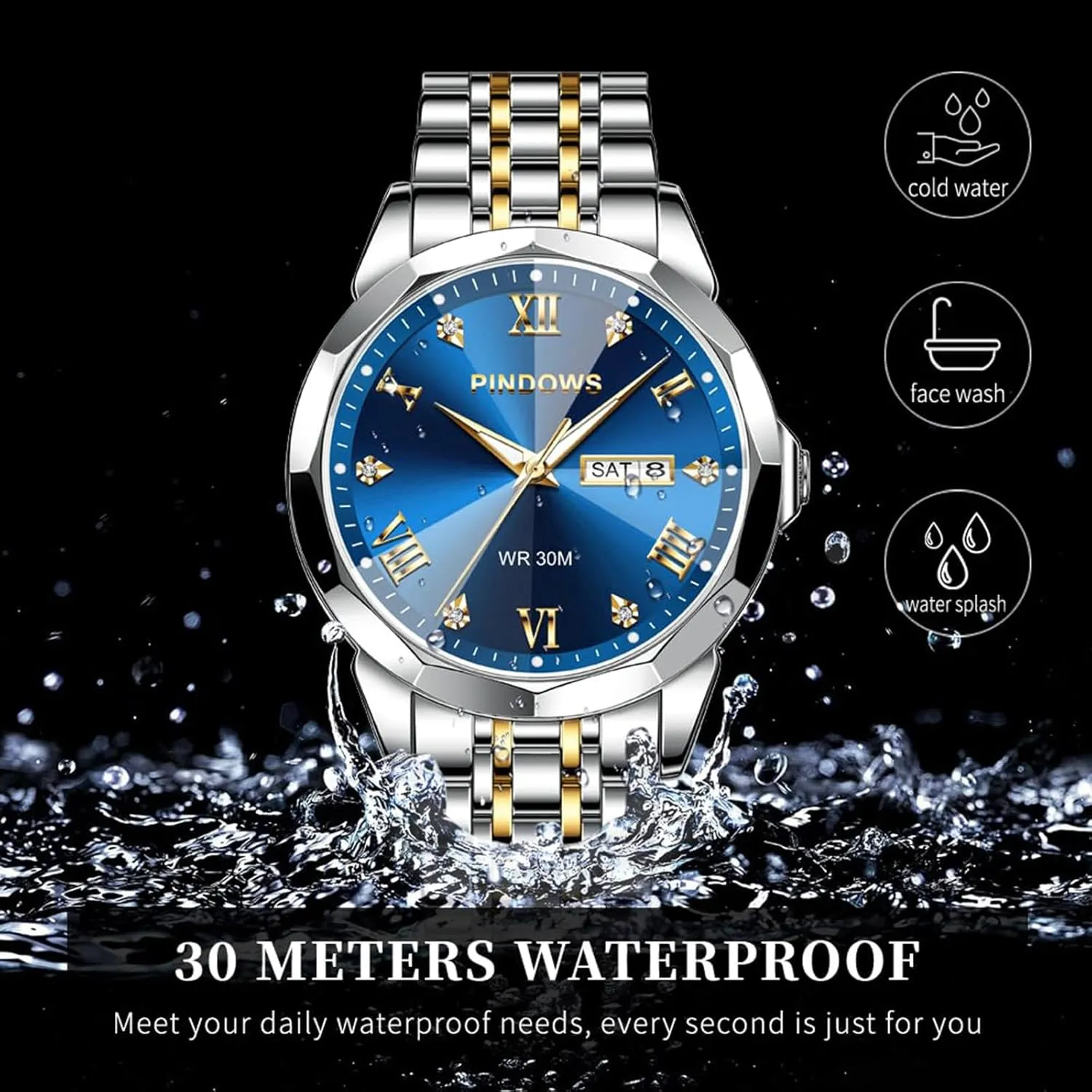 PINDOWS Watches for Men Diamond Date Calendar Quartz Watches Analog Stainless Steel Waterproof Luminous Two Tone Business Watch