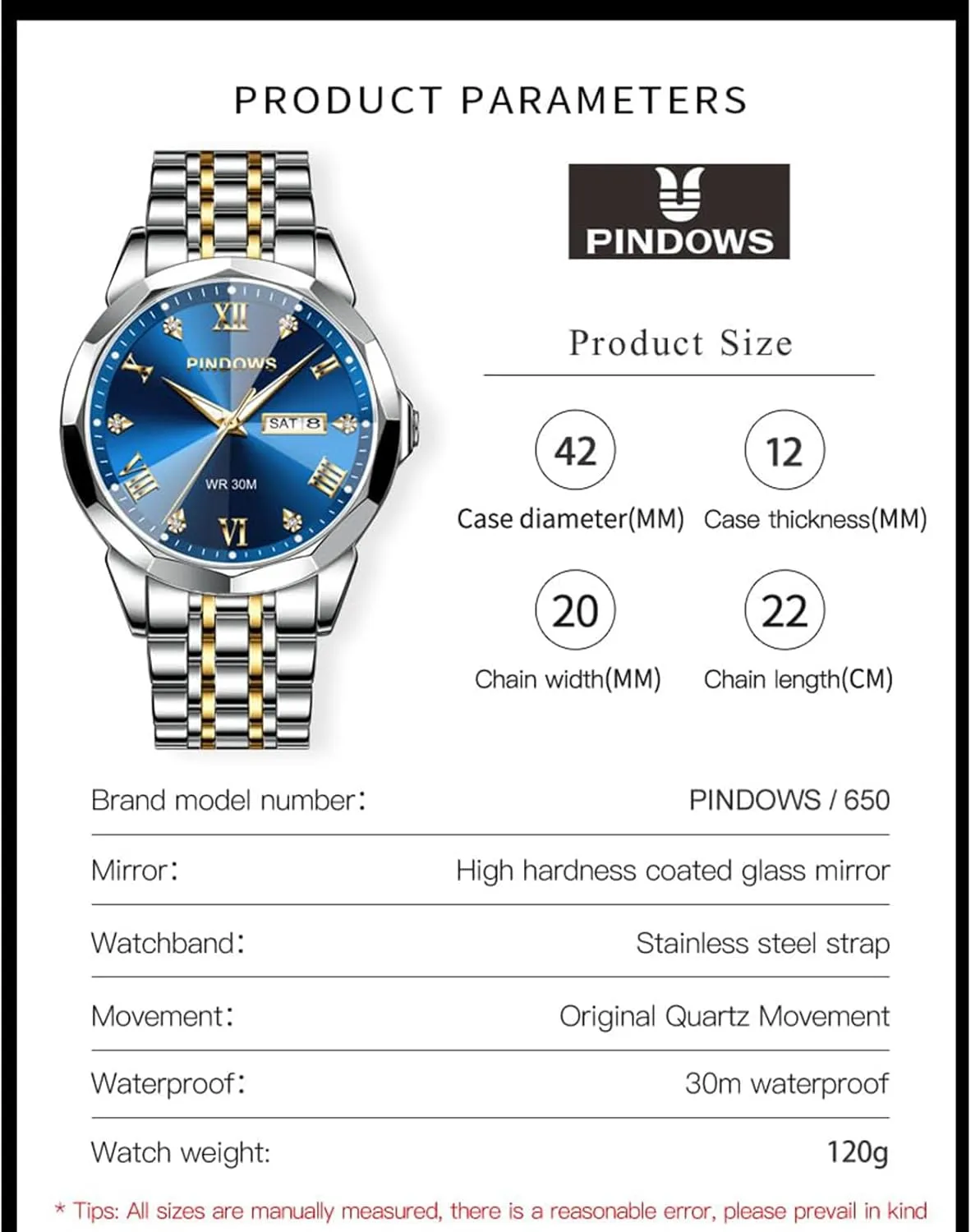 PINDOWS Watches for Men Diamond Date Calendar Quartz Watches Analog Stainless Steel Waterproof Luminous Two Tone Business Watch