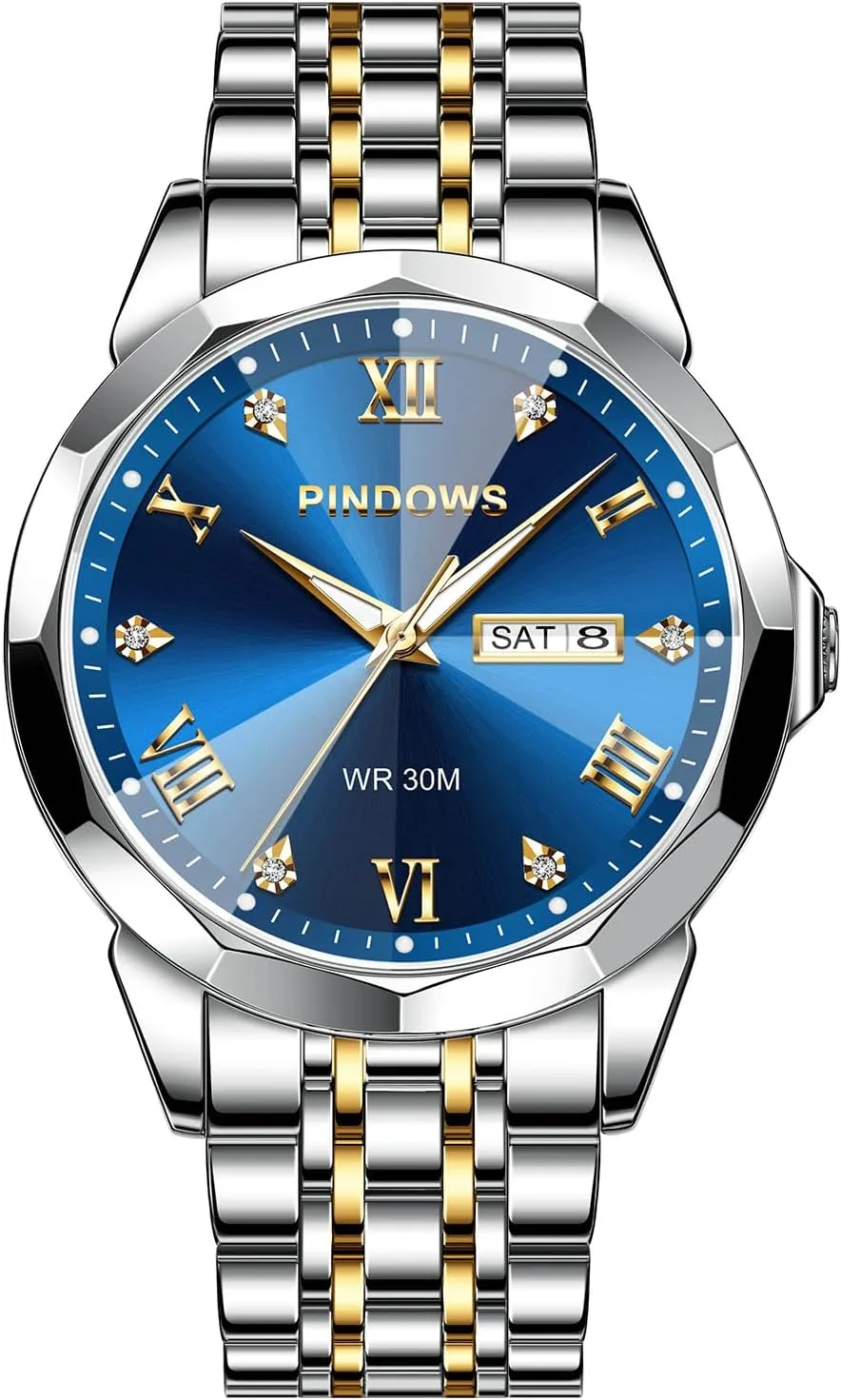 PINDOWS Watches for Men Diamond Date Calendar Quartz Watches Analog Stainless Steel Waterproof Luminous Two Tone Business Watch