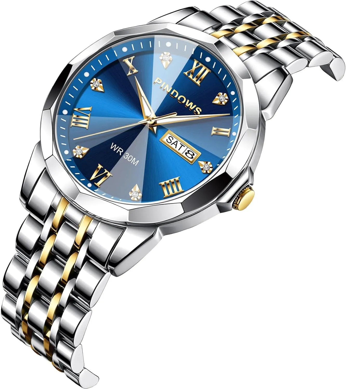 PINDOWS Watches for Men Diamond Date Calendar Quartz Watches Analog Stainless Steel Waterproof Luminous Two Tone Business Watch