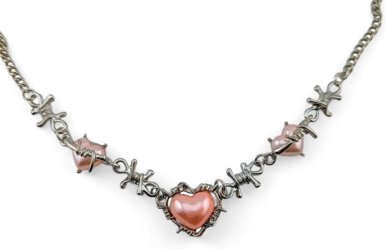 Pink Heart Barbed Wire Choker - punk gothic emo fairycore 90s Y2K style silvertone barb chain link necklace 15 to 17" around