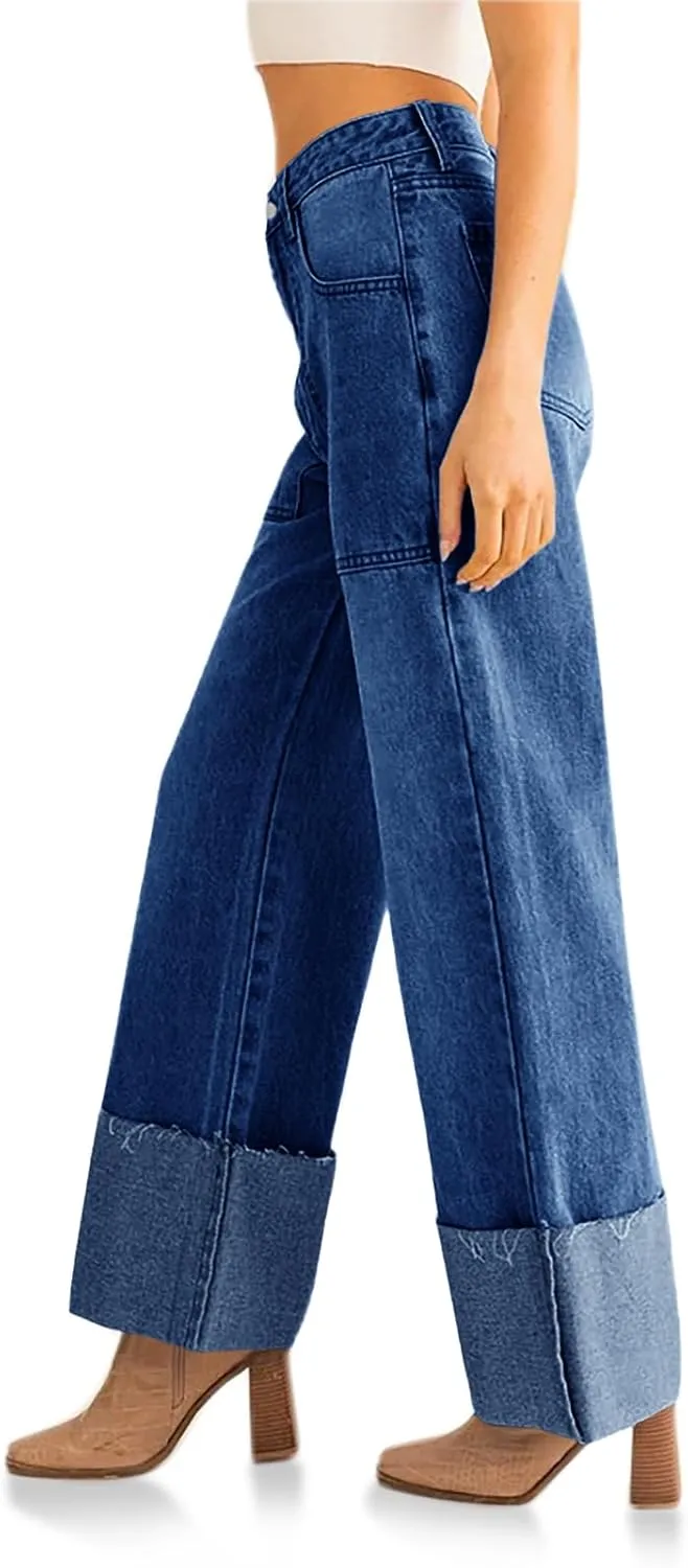 PLNOTME Womens Baggy Cuffed Jeans Casual Straight Leg Boyfriend Denim Pants with Pockets