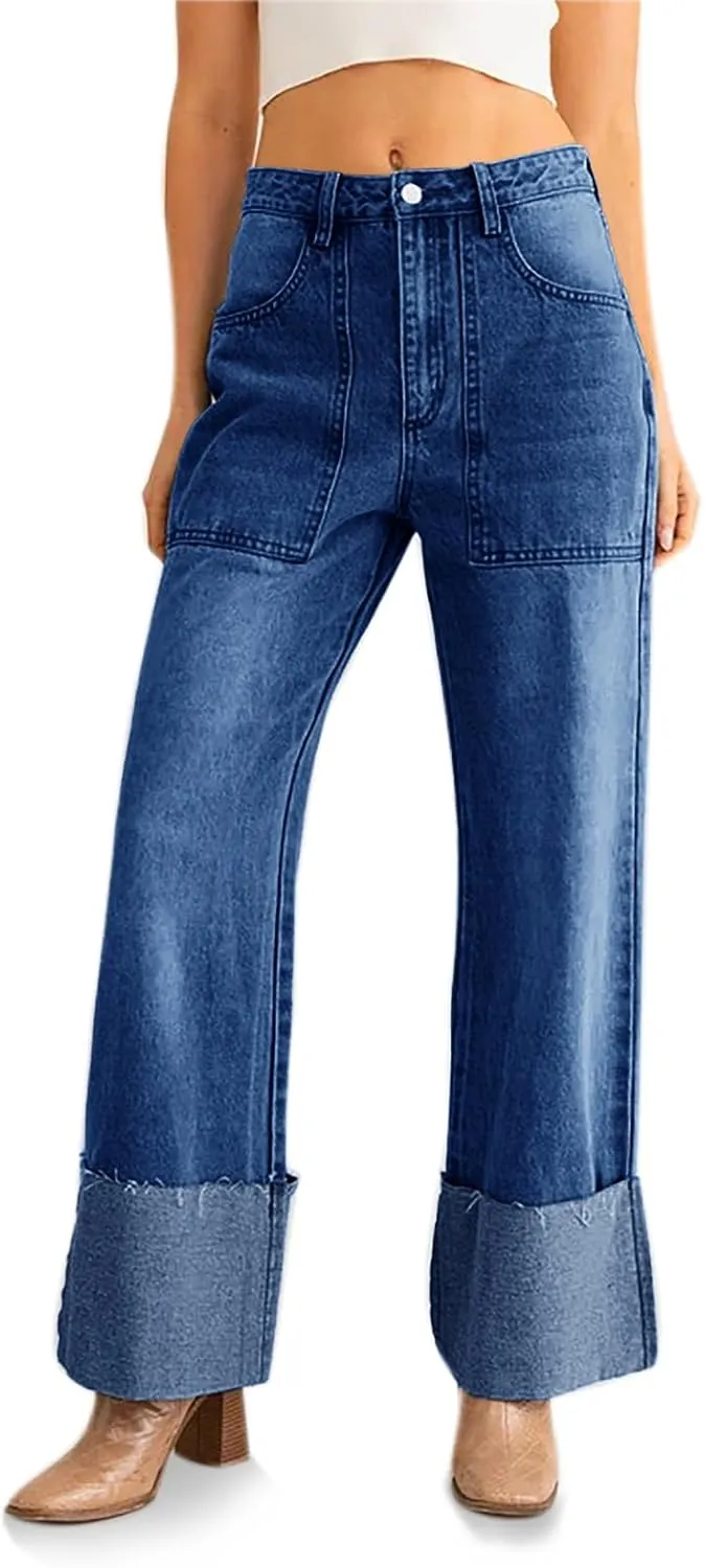 PLNOTME Womens Baggy Cuffed Jeans Casual Straight Leg Boyfriend Denim Pants with Pockets