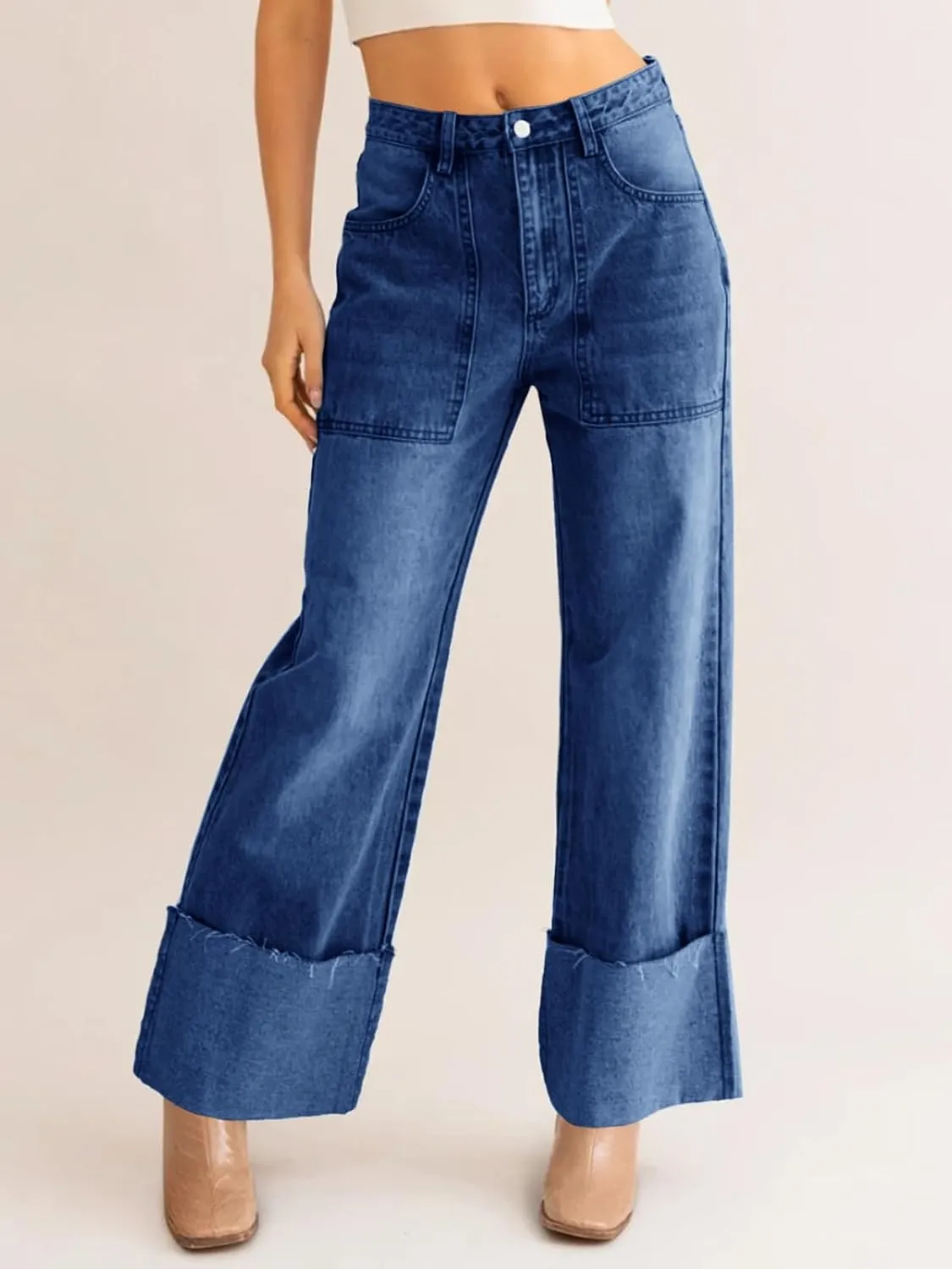 PLNOTME Womens Baggy Cuffed Jeans Casual Straight Leg Boyfriend Denim Pants with Pockets