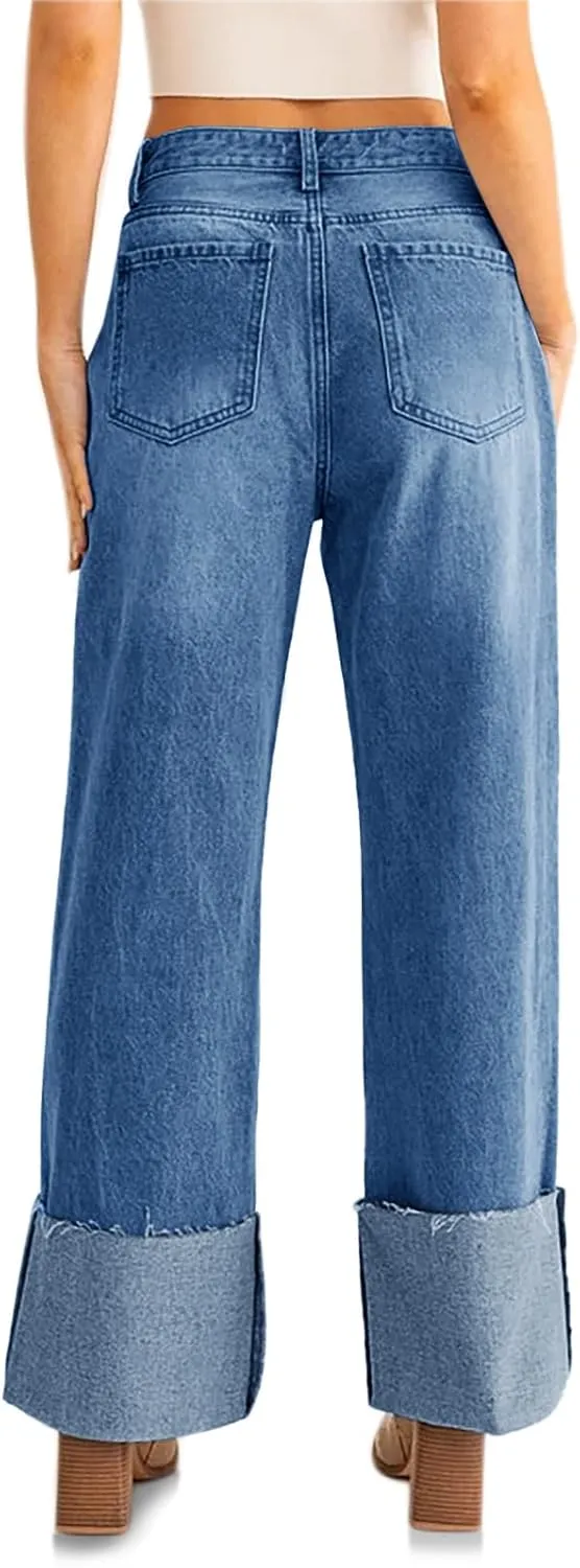 PLNOTME Womens Baggy Cuffed Jeans Casual Straight Leg Boyfriend Denim Pants with Pockets
