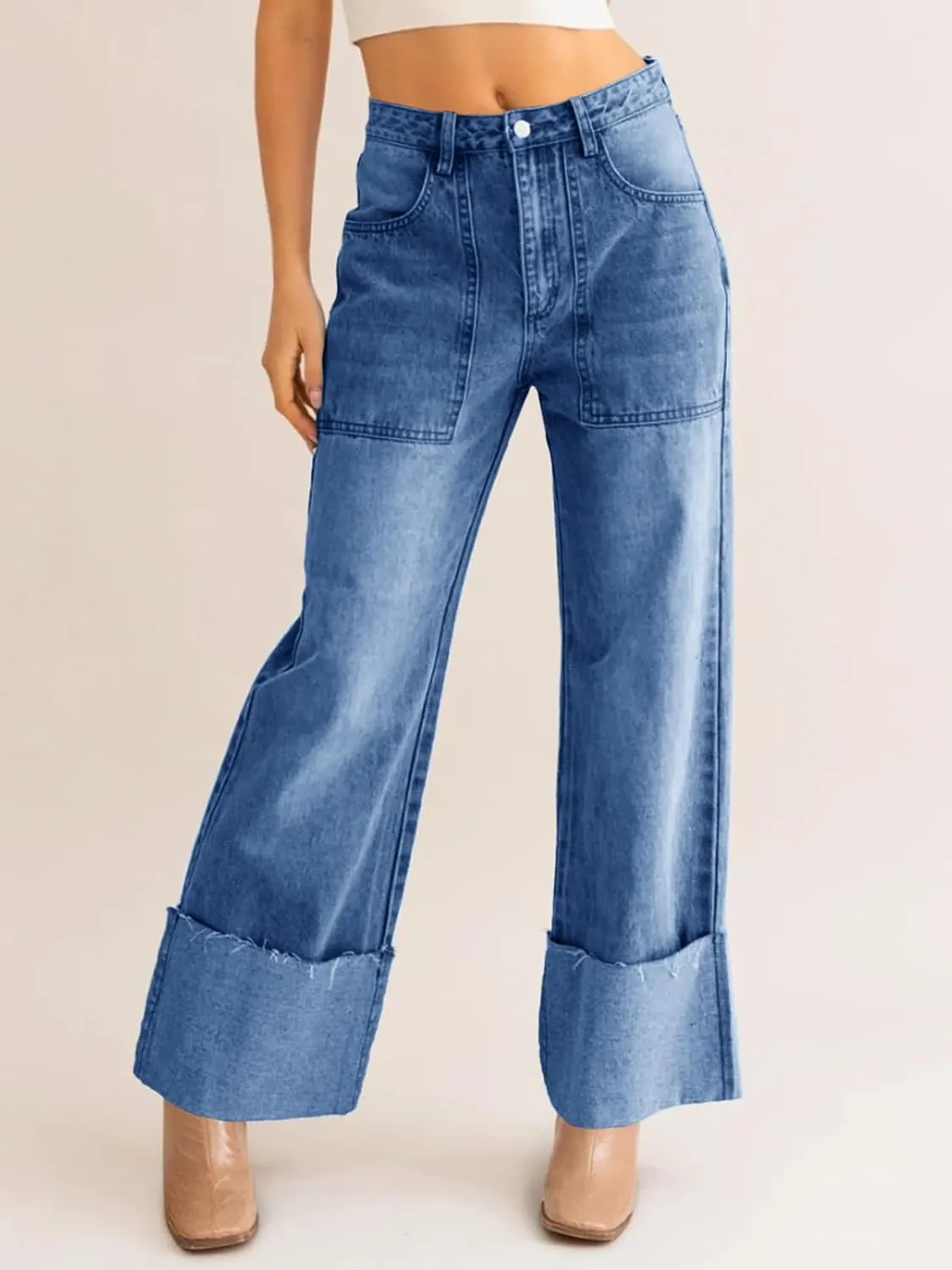 PLNOTME Womens Baggy Cuffed Jeans Casual Straight Leg Boyfriend Denim Pants with Pockets