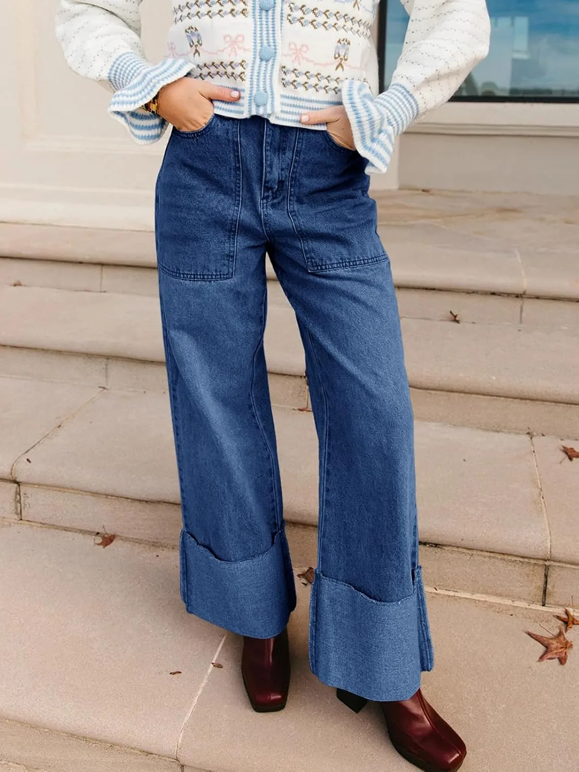 PLNOTME Womens Baggy Cuffed Jeans Casual Straight Leg Boyfriend Denim Pants with Pockets