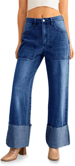 PLNOTME Womens Baggy Cuffed Jeans Casual Straight Leg Boyfriend Denim Pants with Pockets