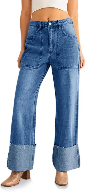 PLNOTME Womens Baggy Cuffed Jeans Casual Straight Leg Boyfriend Denim Pants with Pockets