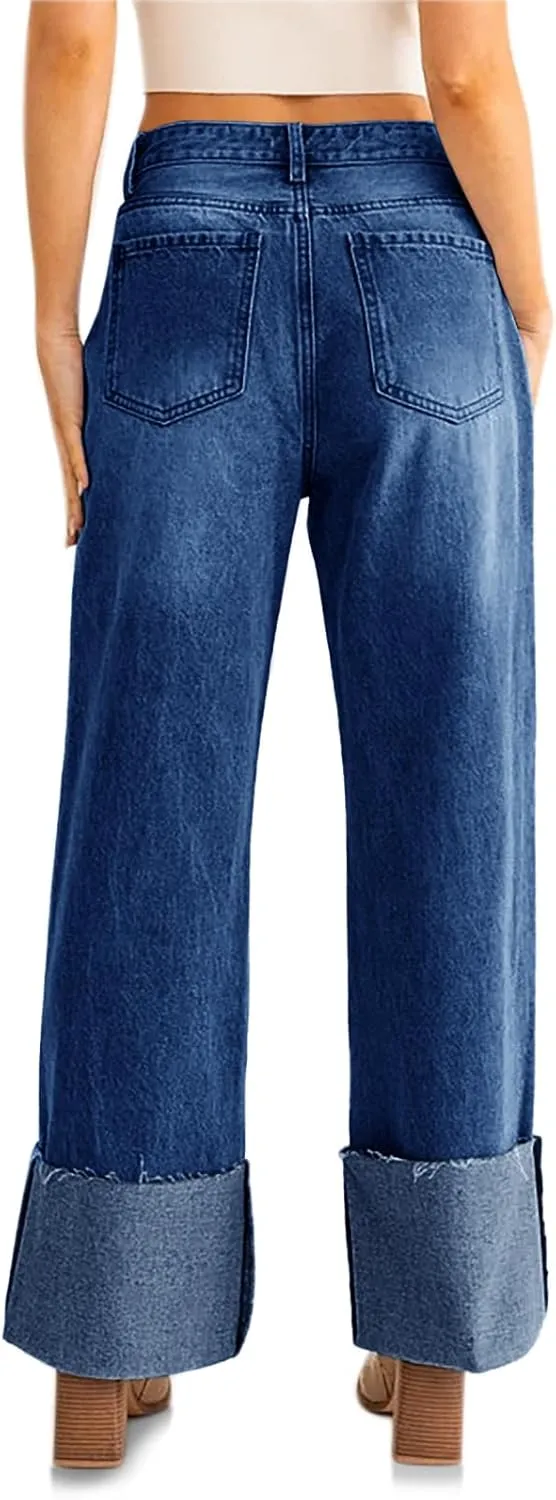 PLNOTME Womens Baggy Cuffed Jeans Casual Straight Leg Boyfriend Denim Pants with Pockets