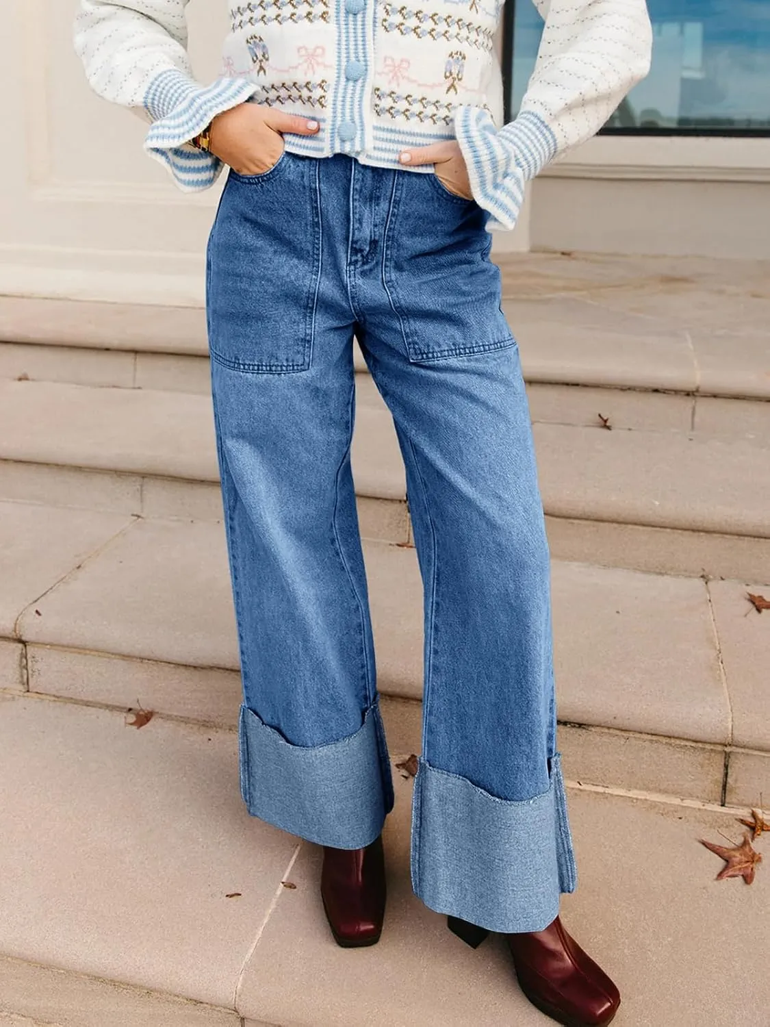 PLNOTME Womens Baggy Cuffed Jeans Casual Straight Leg Boyfriend Denim Pants with Pockets