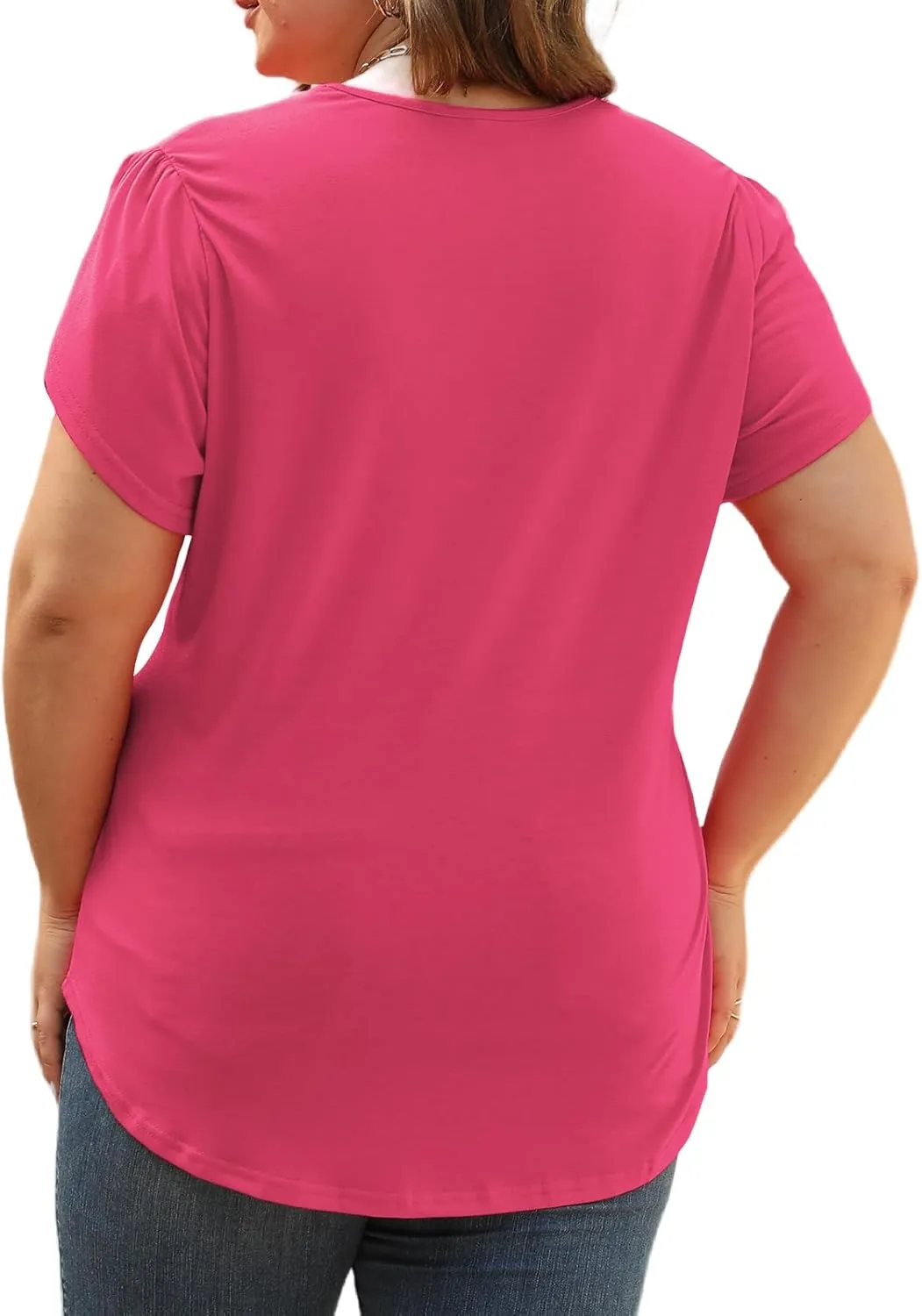 Plus-Size-Womens-Summer-Tops 2024 Lace Trim V Neck T Shirts Petal Short Sleeve Tunics Trendy Going Out Blouses XL-5XL