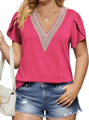 Plus-Size-Womens-Summer-Tops 2024 Lace Trim V Neck T Shirts Petal Short Sleeve Tunics Trendy Going Out Blouses XL-5XL